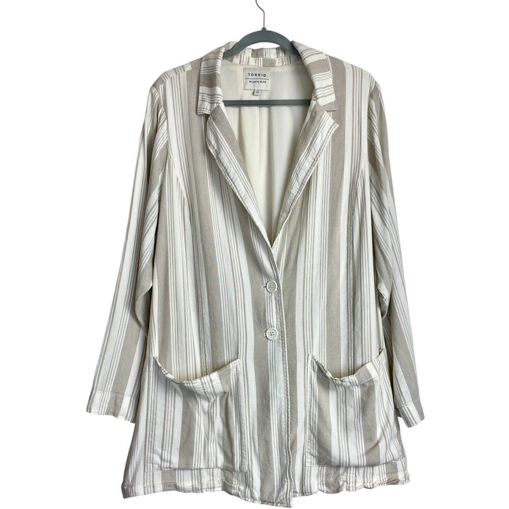 Torrid 3X Blazer Jacket Linen Blend Beige White Striped Lined Pockets 3 EUC
